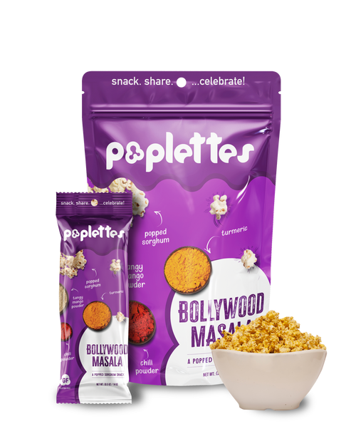 Poplettes Bollywood Masala popped sorghum - a healthy plant-based popcorn alternative that is vegan / dairy-free and gluten-free. No artificial ingredients. NPoplettes Bollywood Masala popped sorghum - a healthy plant-based popcorn alternative that is vegan / dairy-free and gluten-free. No artificial ingredients. No preservatives or additives.o preservatives or additives.