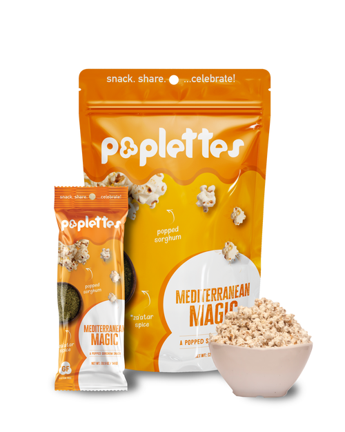 Poplettes Mediterranean Magic popped sorghum - a healthy plant-based popcorn alternative that is vegan / dairy-free and gluten-free. No artificial ingredients. No preservatives or additives.