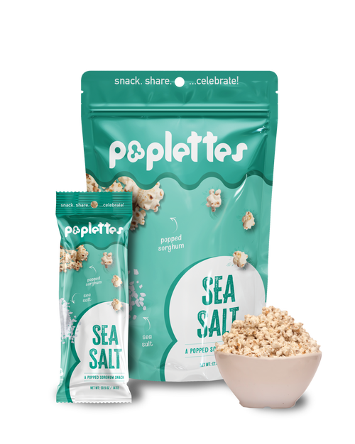 Poplettes Sea Salt popped sorghum - a healthy plant-based popcorn alternative that is vegan / dairy-free and gluten-free. No artificial ingredients. No preservatives or additives.